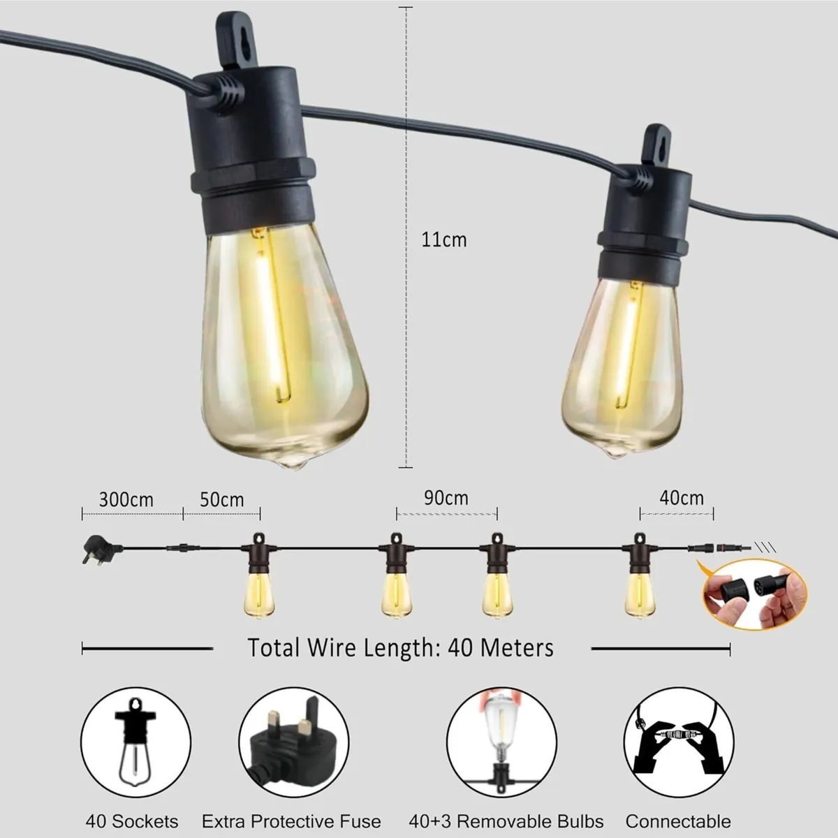Festoon Lights Outdoor 40M Mains IP65 with 43 LED - Image 2