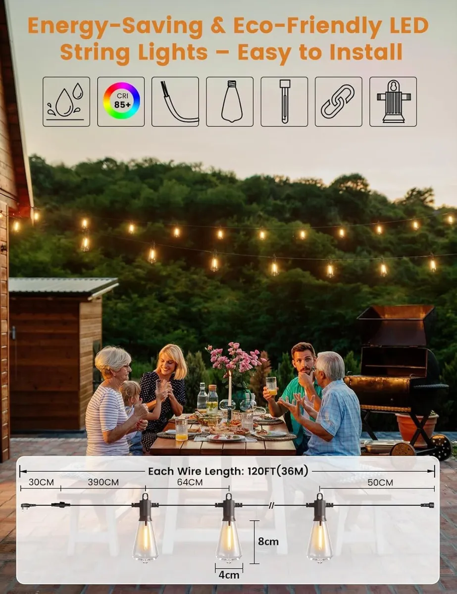 120FT IP65 Outdoor String Lights Mains Powered - Image 3