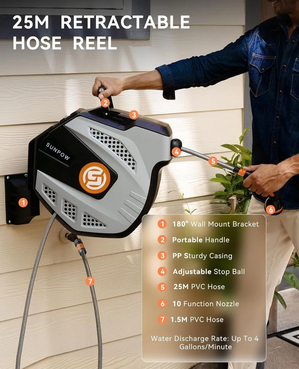 Garden Hose Reel Wall Mounted - 25m+2m Retractable - Image 4