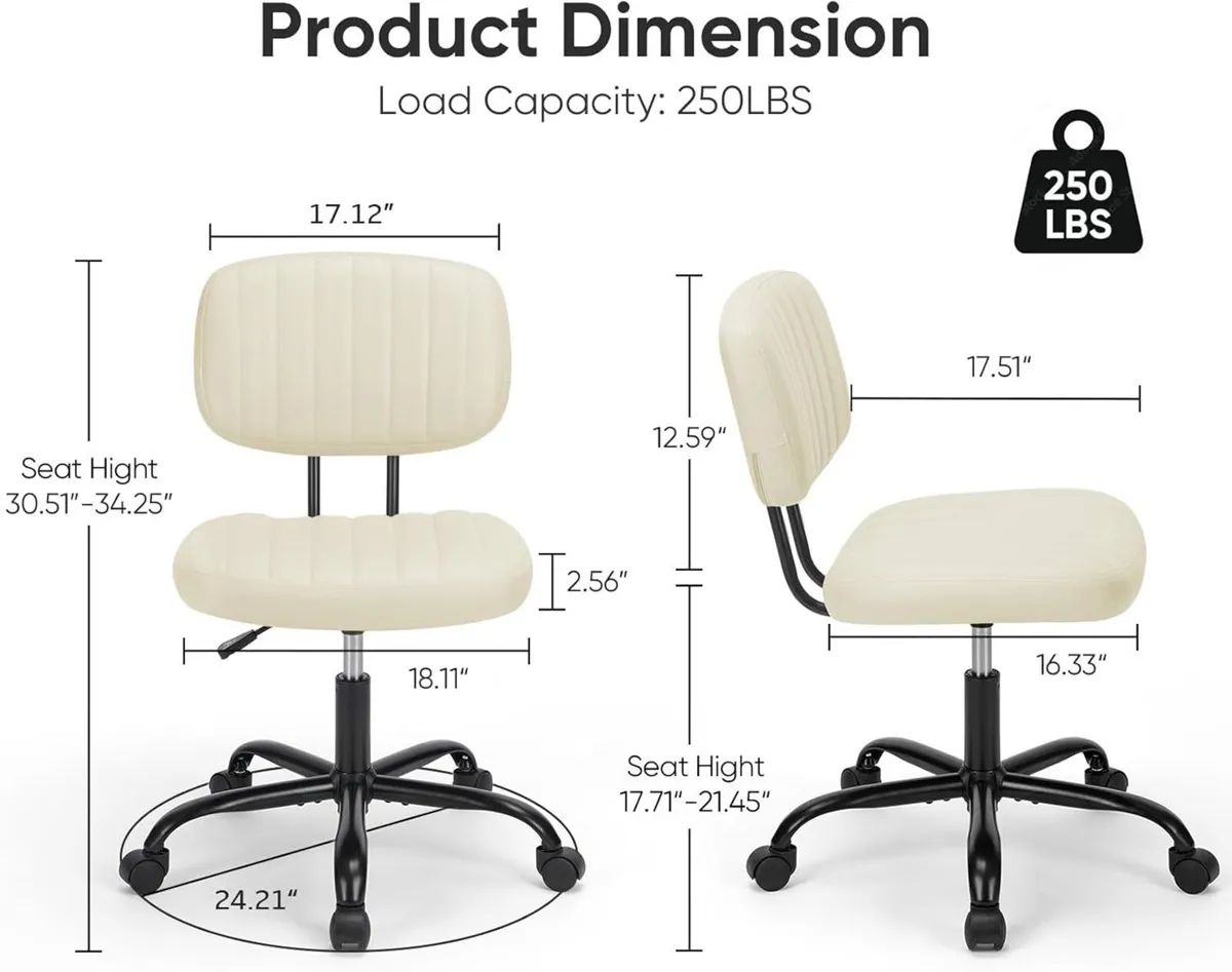 Small Office Desk Chair - Armless PU Leather with - Image 2