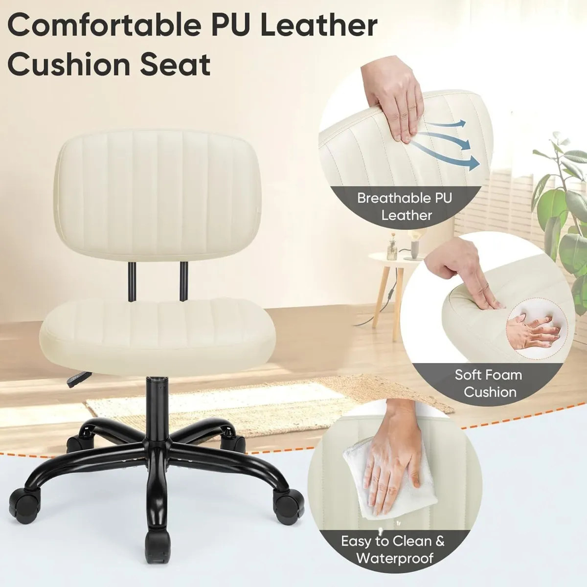 Small Office Desk Chair - Armless PU Leather with - Image 4