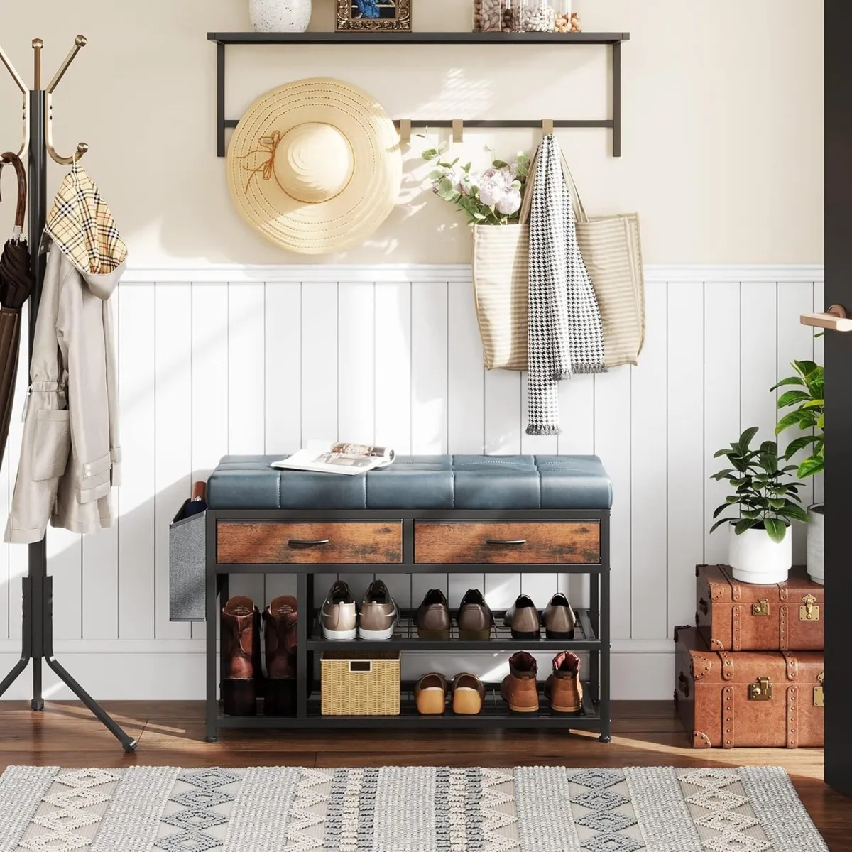 Shoe Bench with Cushion Storage Padded Seat Metal - Image 1