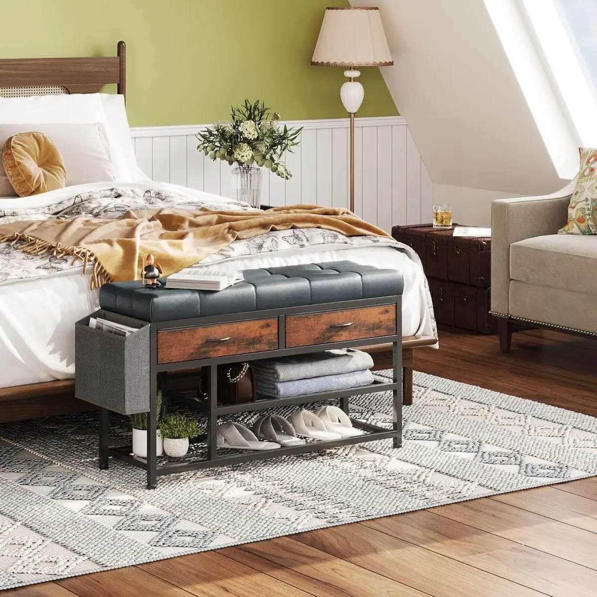 Shoe Bench with Cushion Storage Padded Seat Metal - Image 3