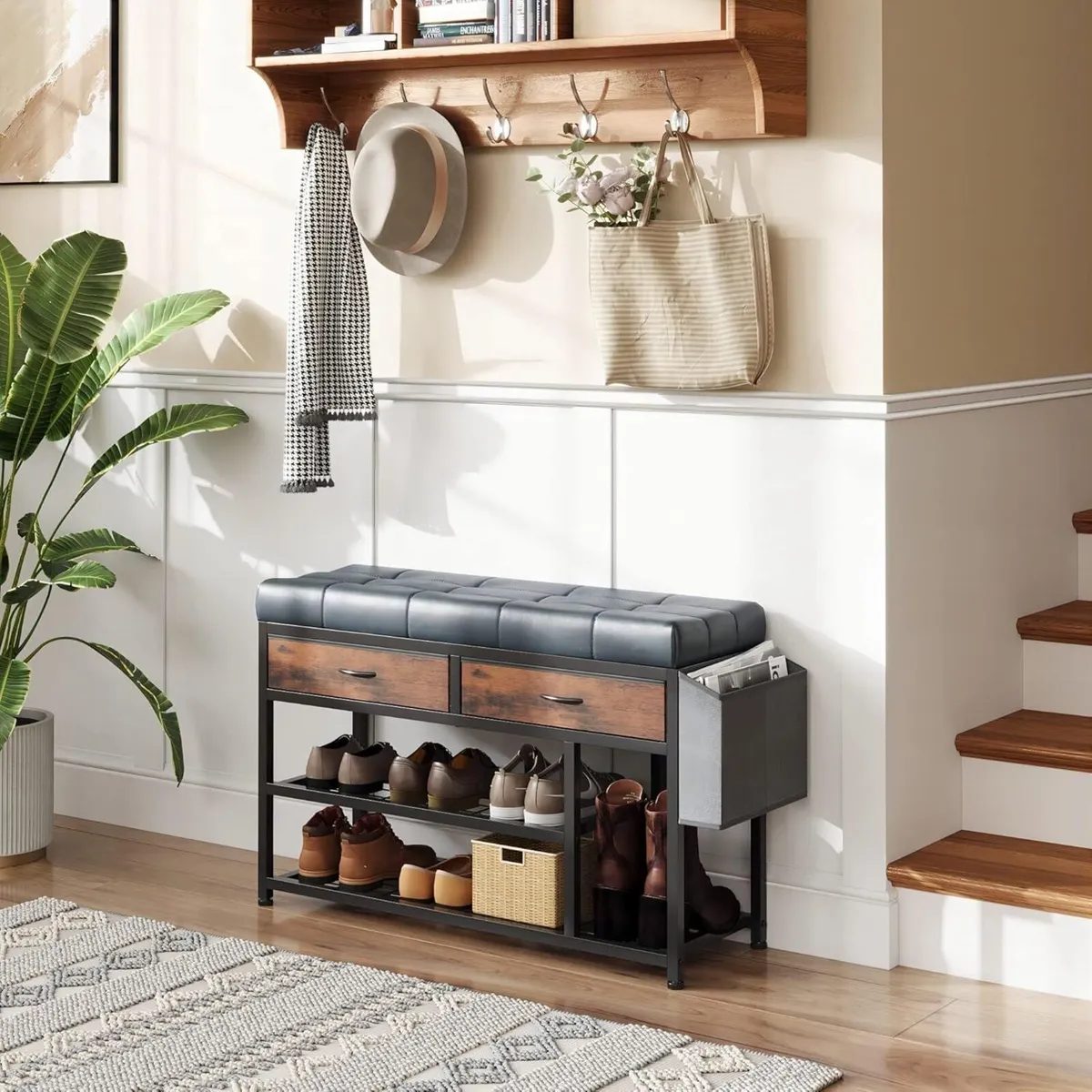 Shoe Bench with Cushion Storage Padded Seat Metal - Image 4