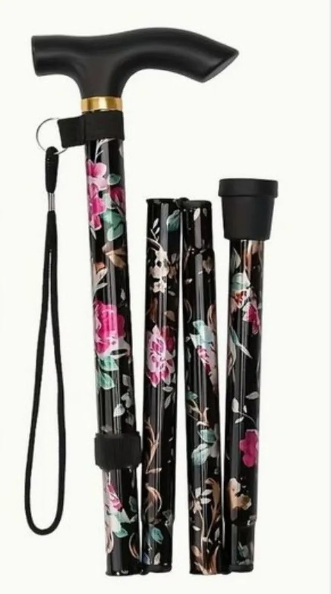 Folding Walking Stick, Black Floral - Image 1