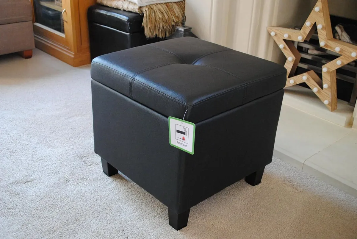 Black Genuine Real Leather Storage Footstool - Image 1