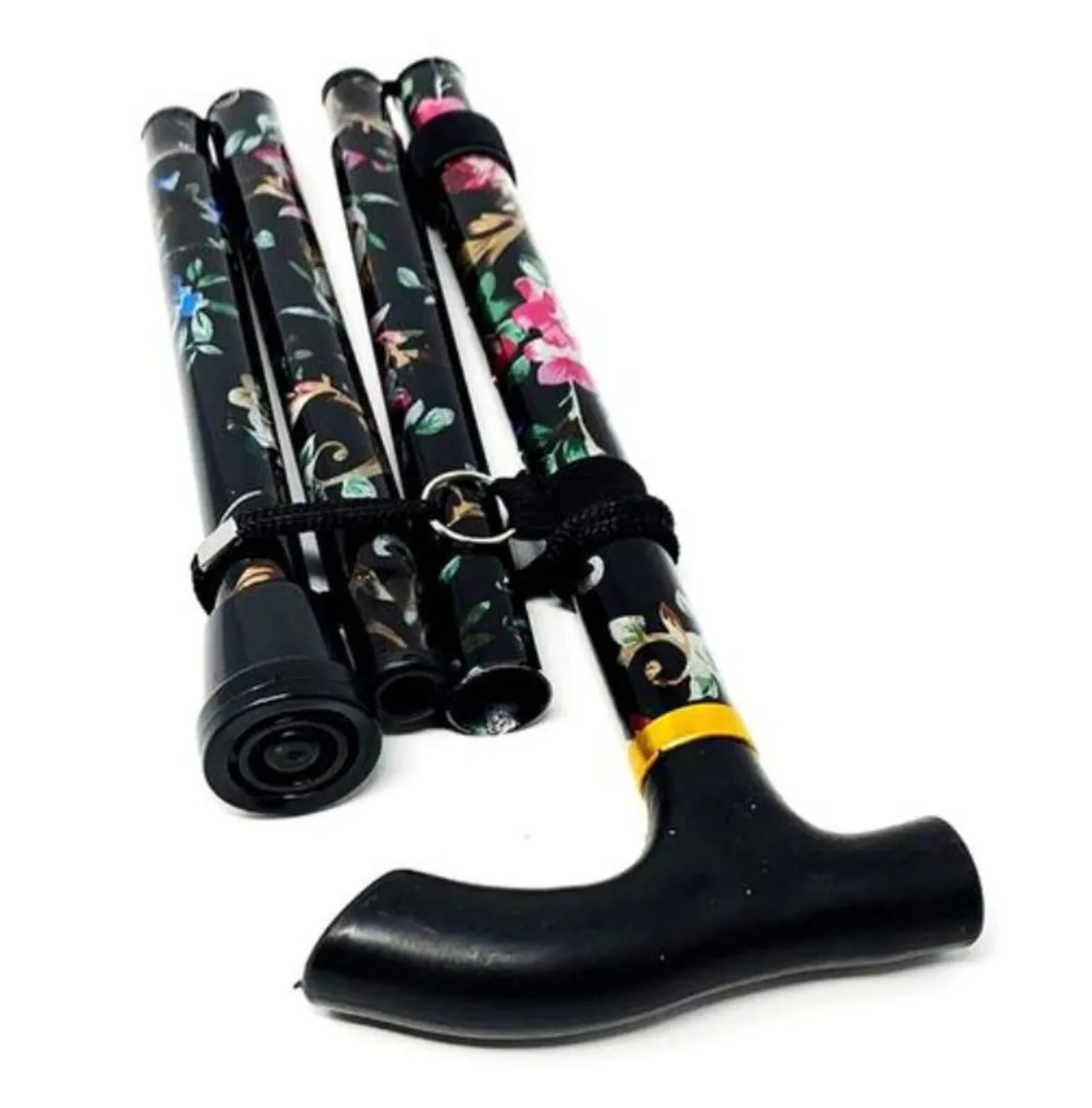 Folding Walking Stick, Black Floral - Image 2
