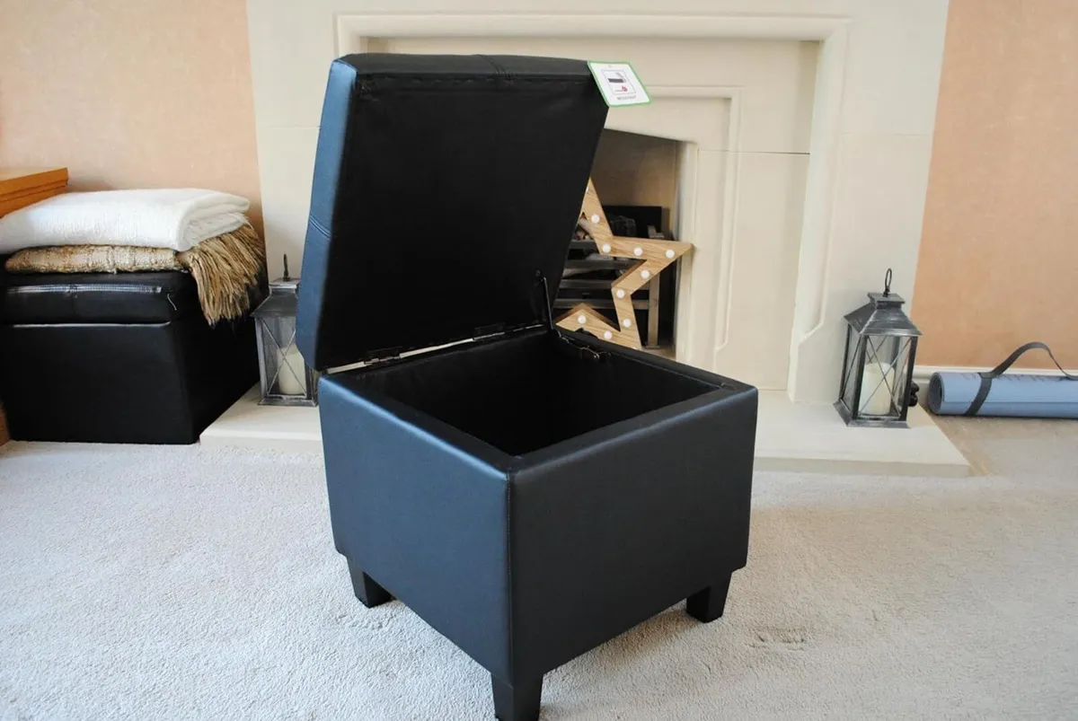 Black Genuine Real Leather Storage Footstool - Image 4