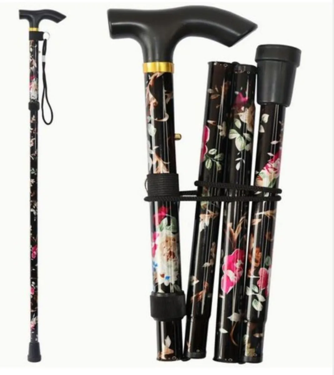 Folding Walking Stick, Black Floral - Image 3