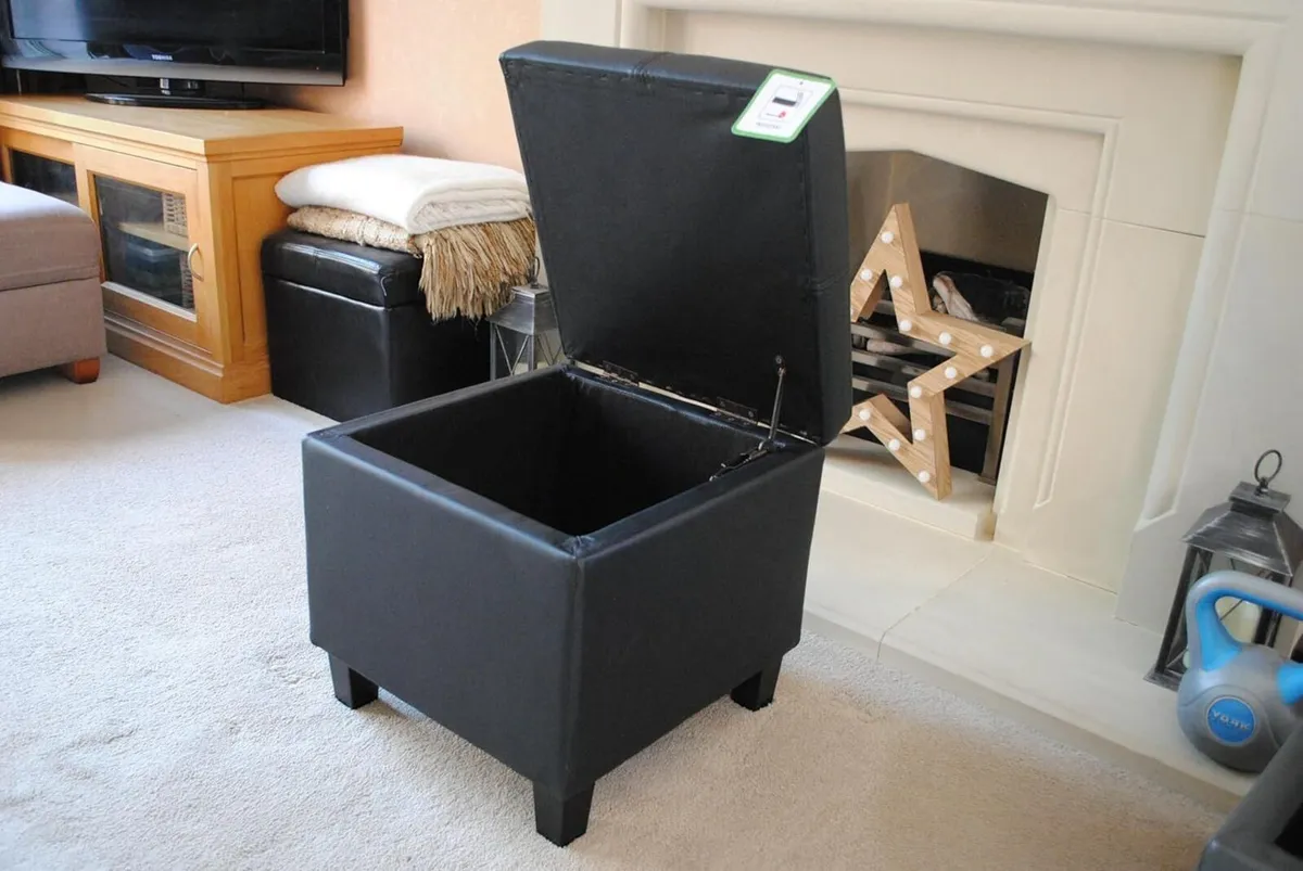 Black Genuine Real Leather Storage Footstool - Image 2