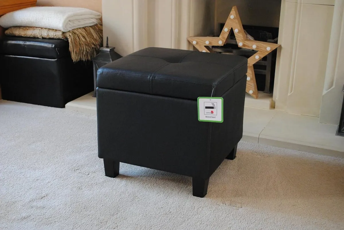 Black Genuine Real Leather Storage Footstool - Image 3