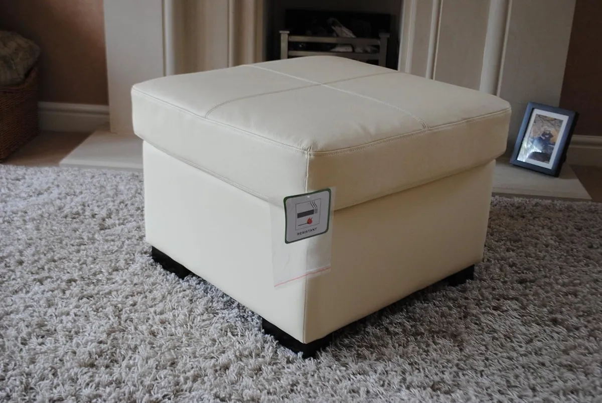 Real Genuine Leather Footstool Pouffe (Cream) - Image 1