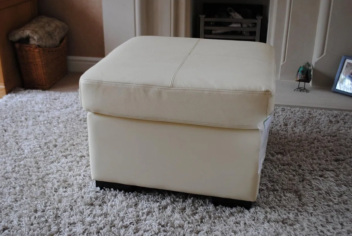 Real Genuine Leather Footstool Pouffe (Cream) - Image 2