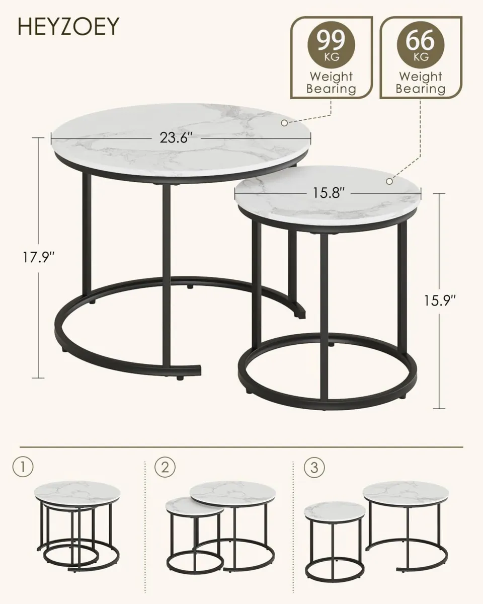 Round Coffee Tables Removable Set of 2 End Table - Image 2