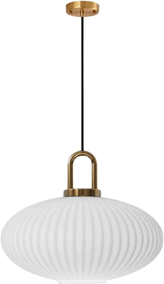 White Glass Pendant Light with Ribbed Lamp Shade - Image 1