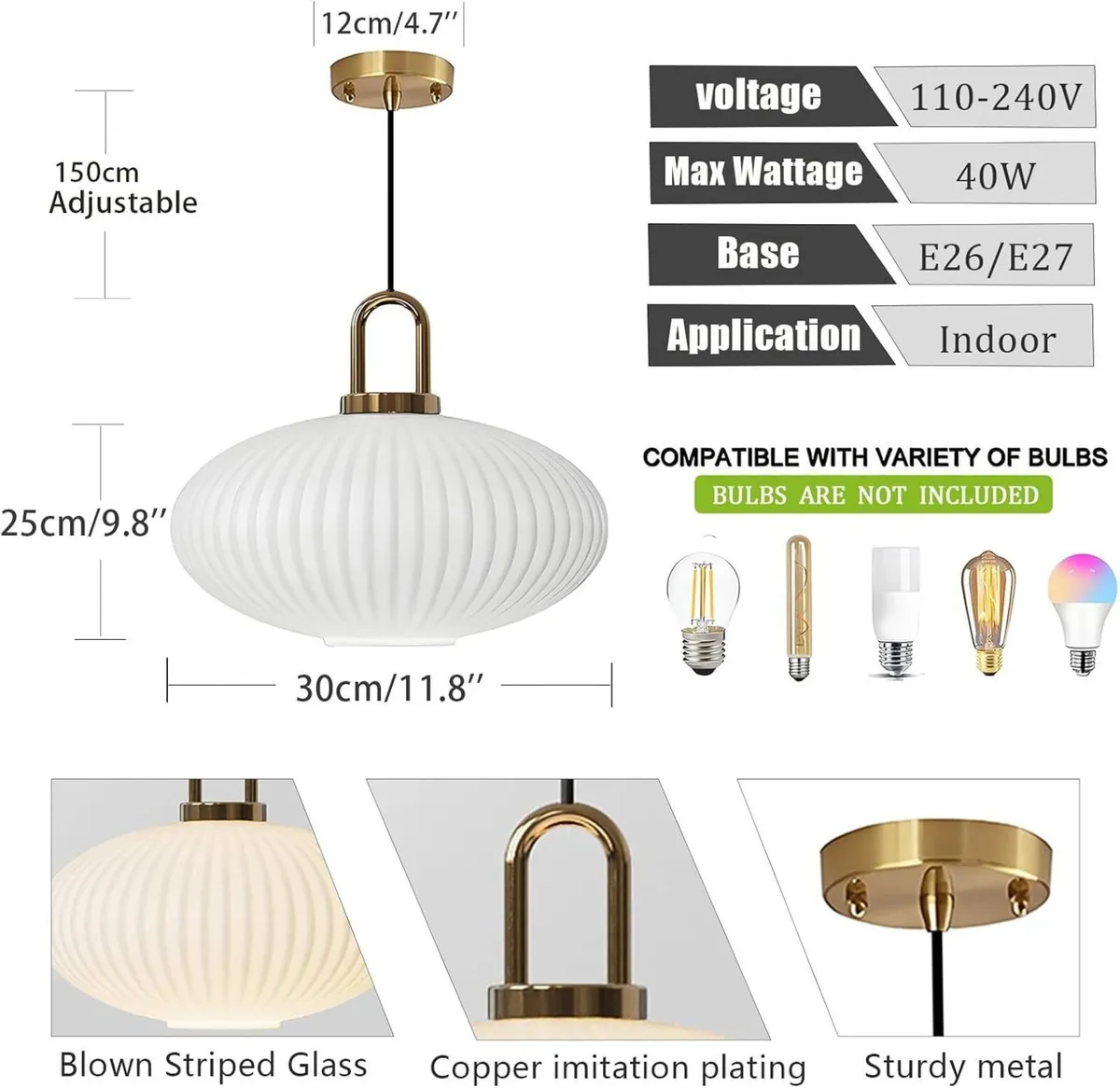 White Glass Pendant Light with Ribbed Lamp Shade - Image 2