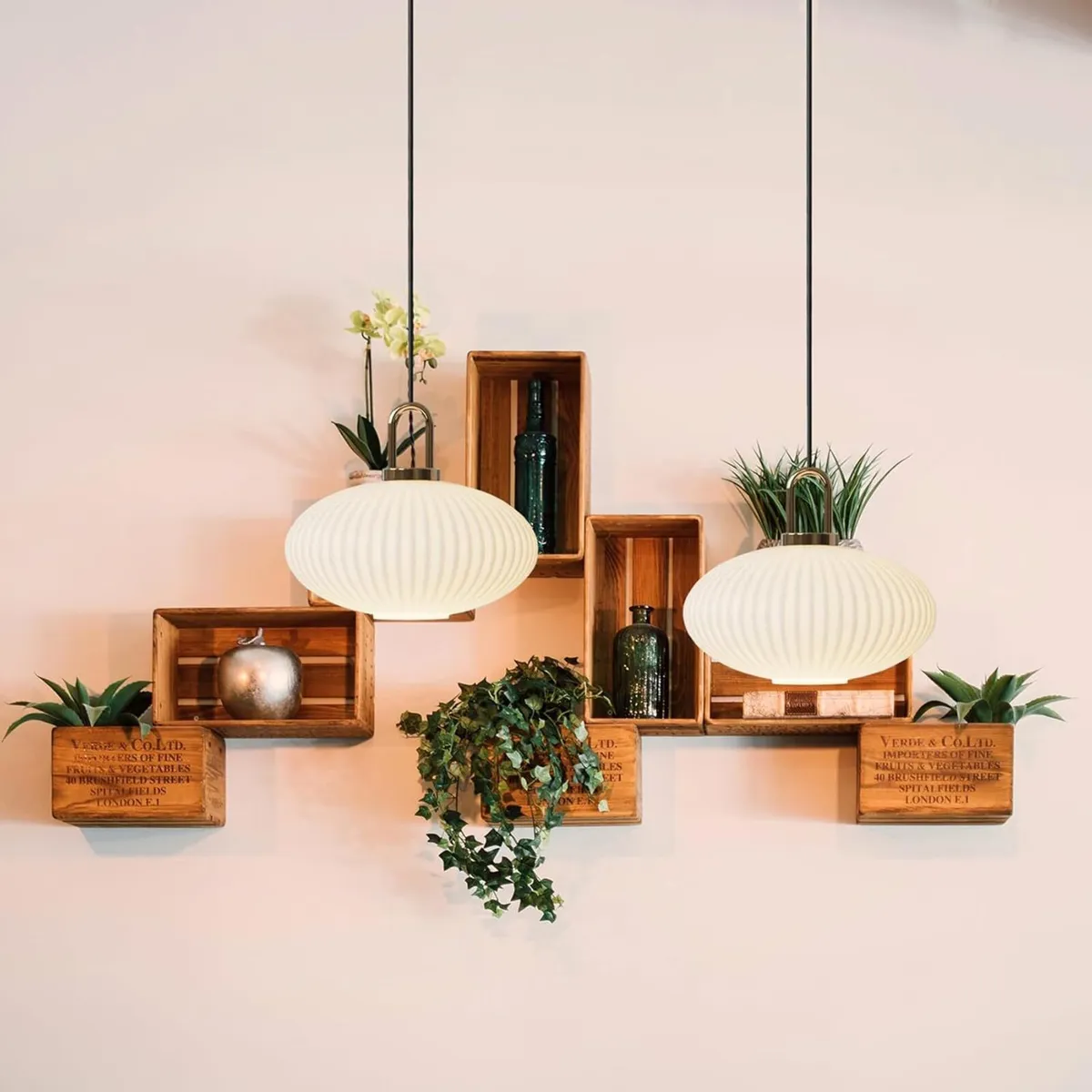 White Glass Pendant Light with Ribbed Lamp Shade - Image 4