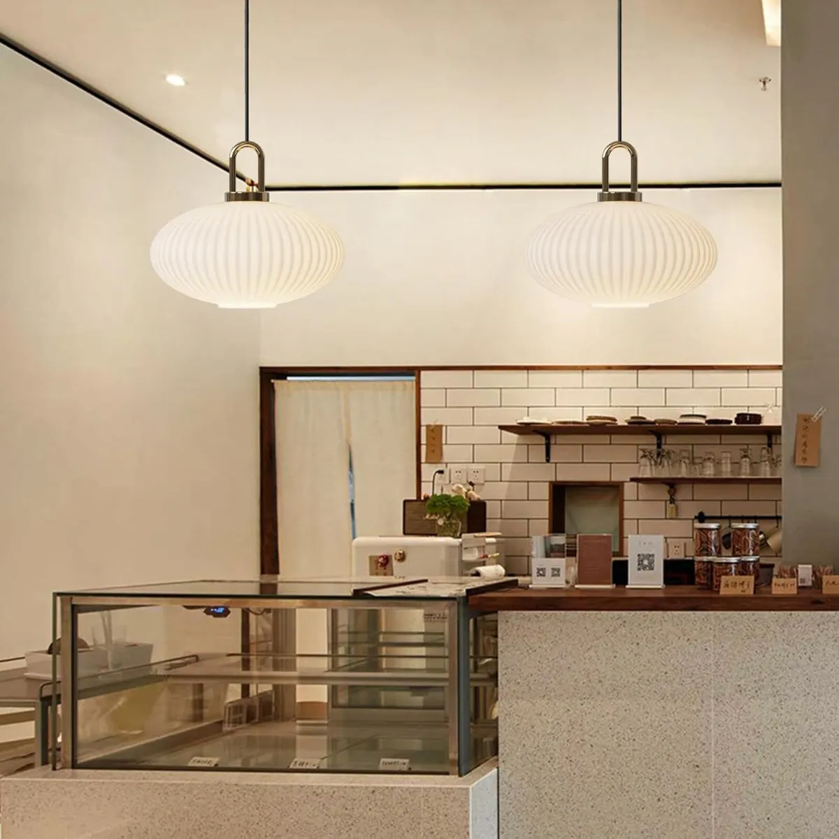 White Glass Pendant Light with Ribbed Lamp Shade - Image 3