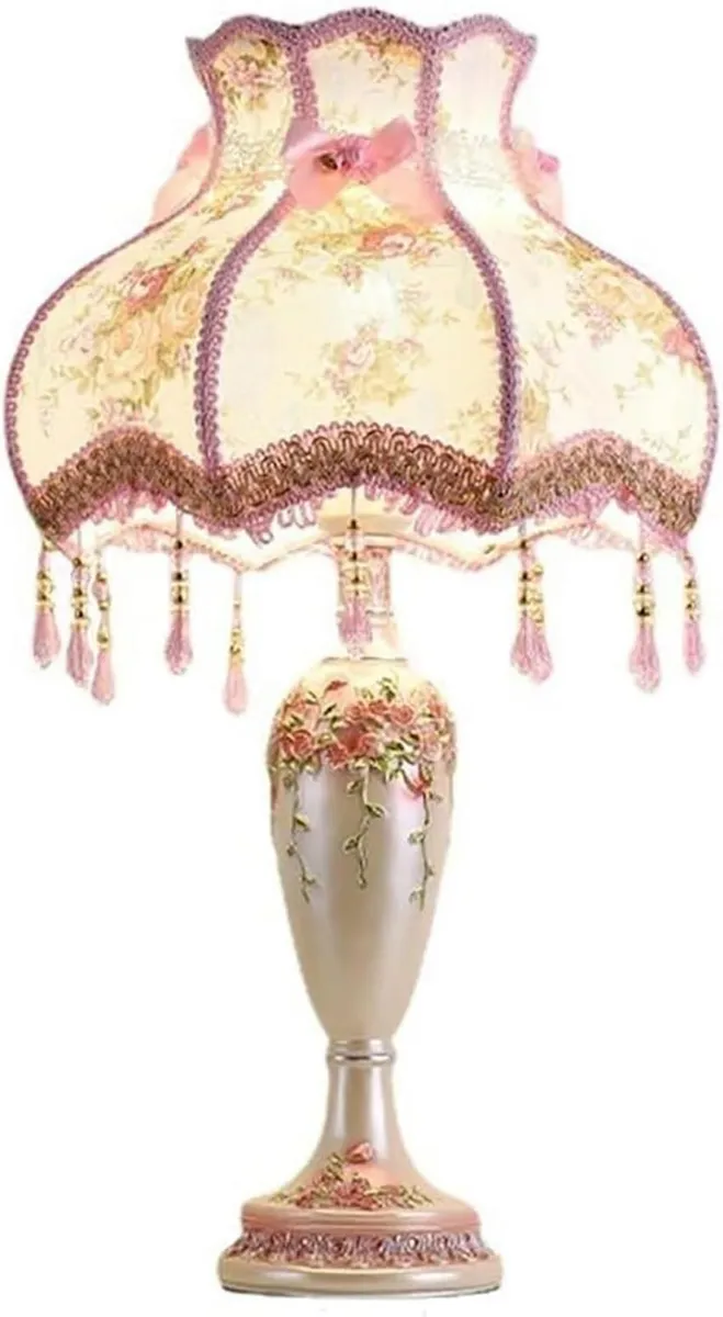 Antique Victorian Lamp with Fringe Lace Pink - Image 1