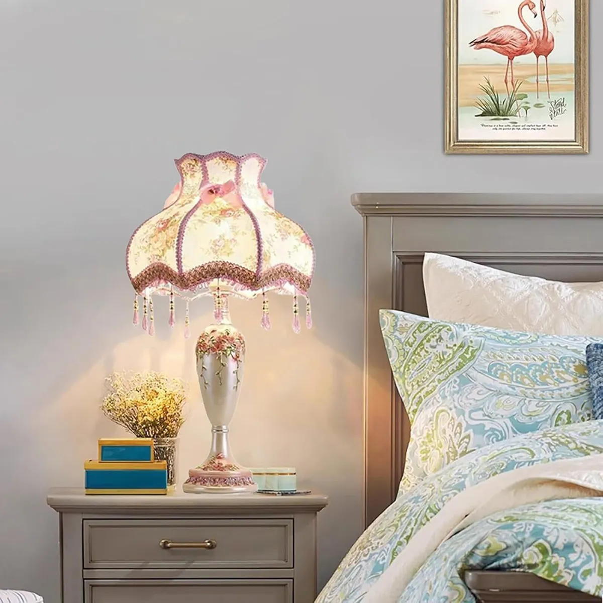 Antique Victorian Lamp with Fringe Lace Pink - Image 2