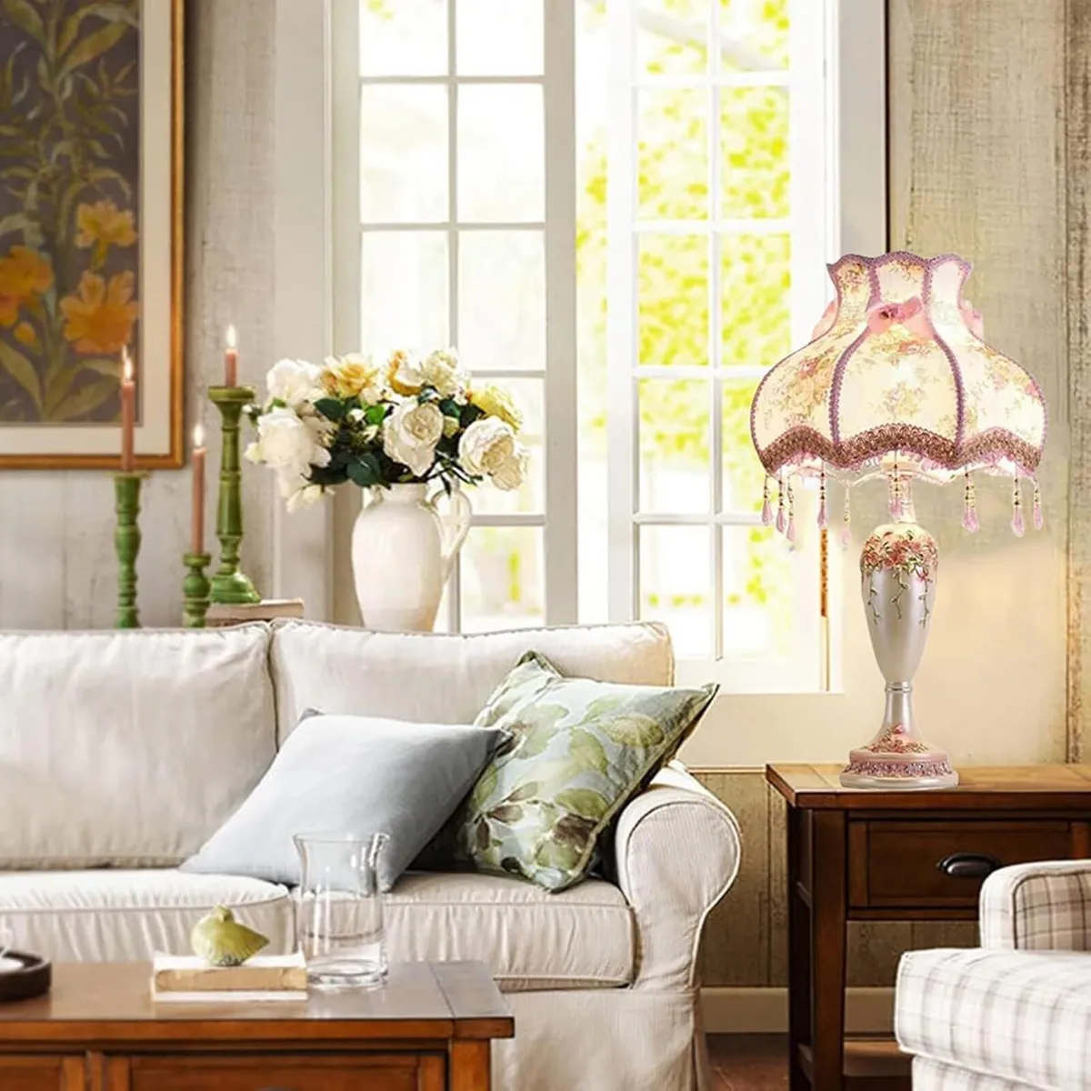 Antique Victorian Lamp with Fringe Lace Pink - Image 3