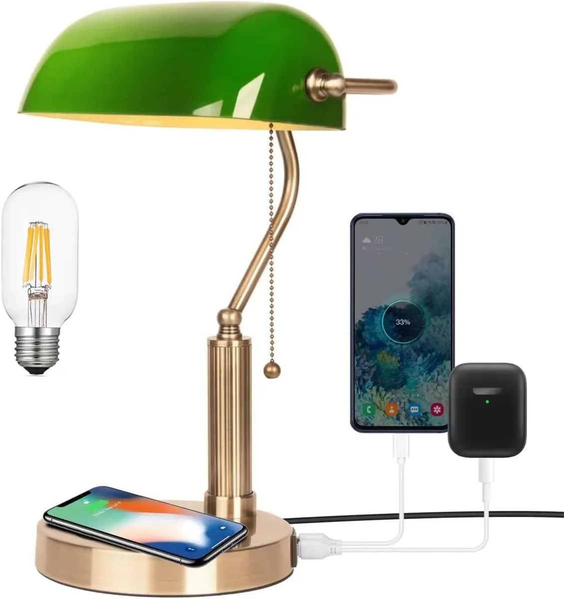Glass Bankers Desk Lamp USB Wireless Charging - Image 1