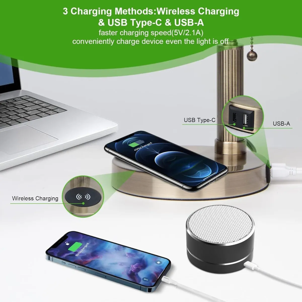 Glass Bankers Desk Lamp USB Wireless Charging - Image 2