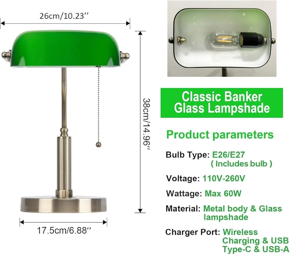 Glass Bankers Desk Lamp USB Wireless Charging - Image 3