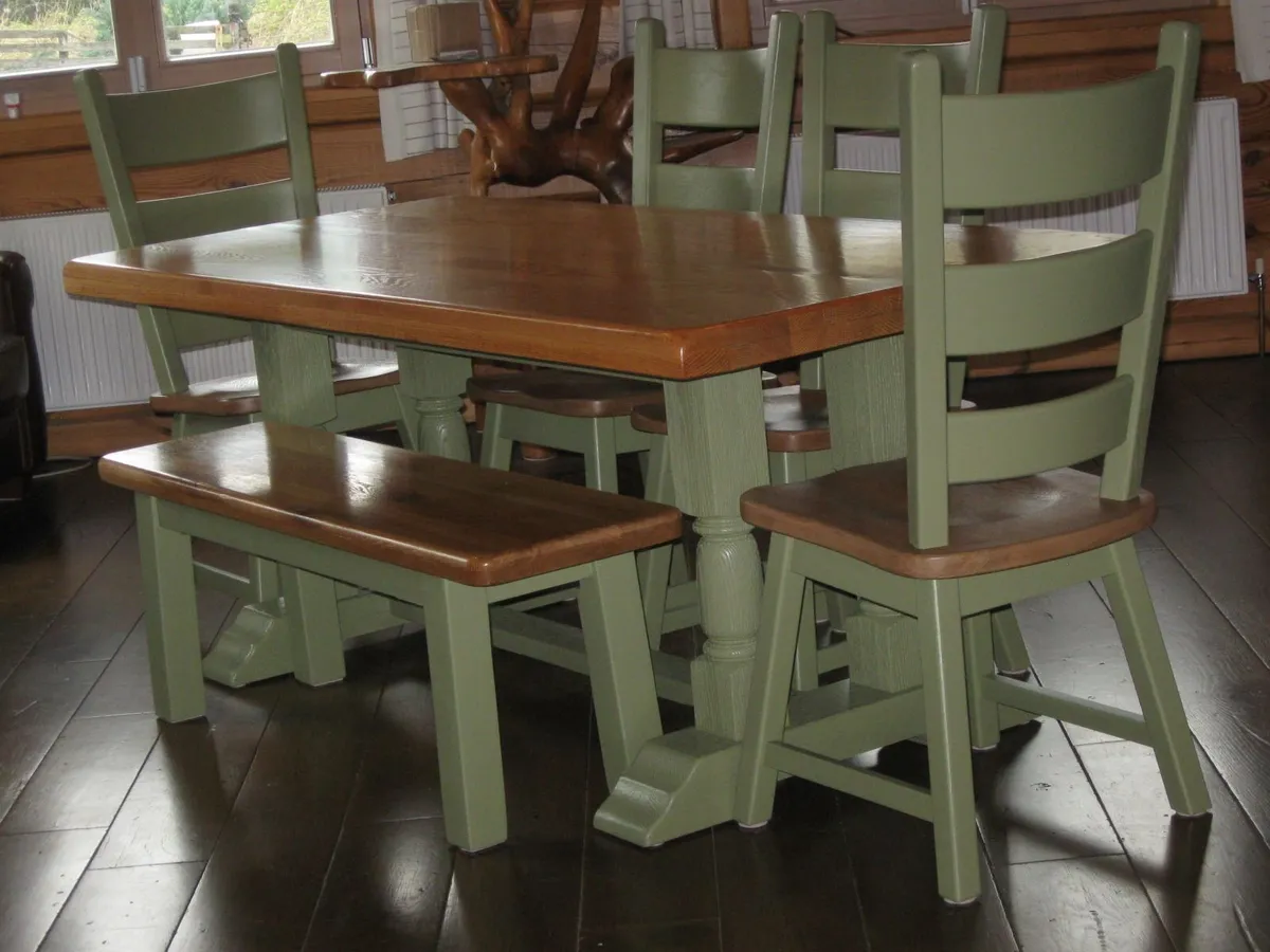 oak dining table chairs and bench - Image 1