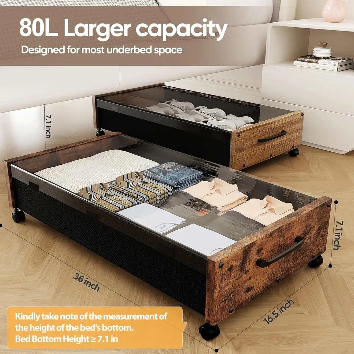 Wooden UnderBed Storage with Wheels 80L Extra-larg - Image 2