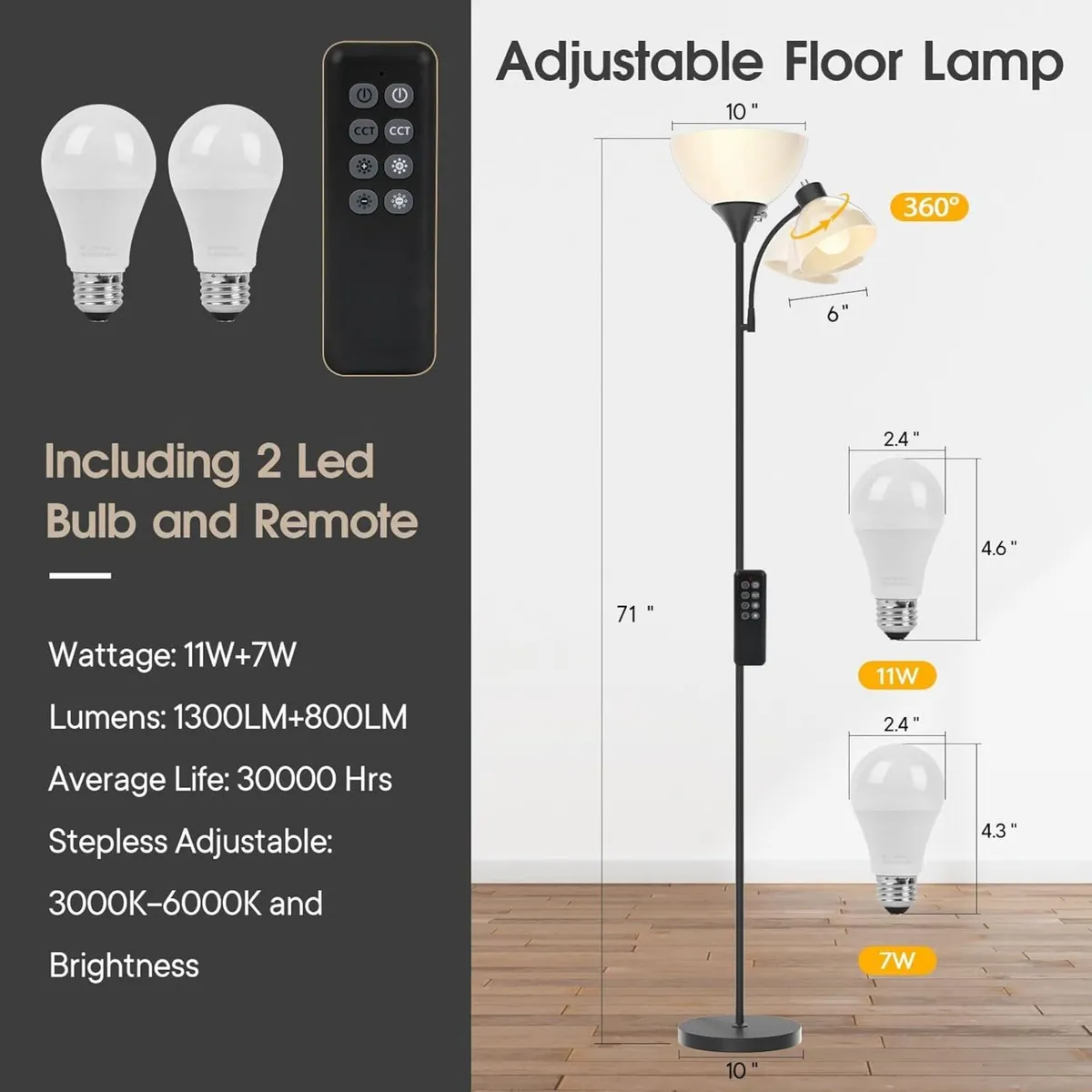 Led Floor Lamp Super Bright 11W+7W 2100LM - Image 2