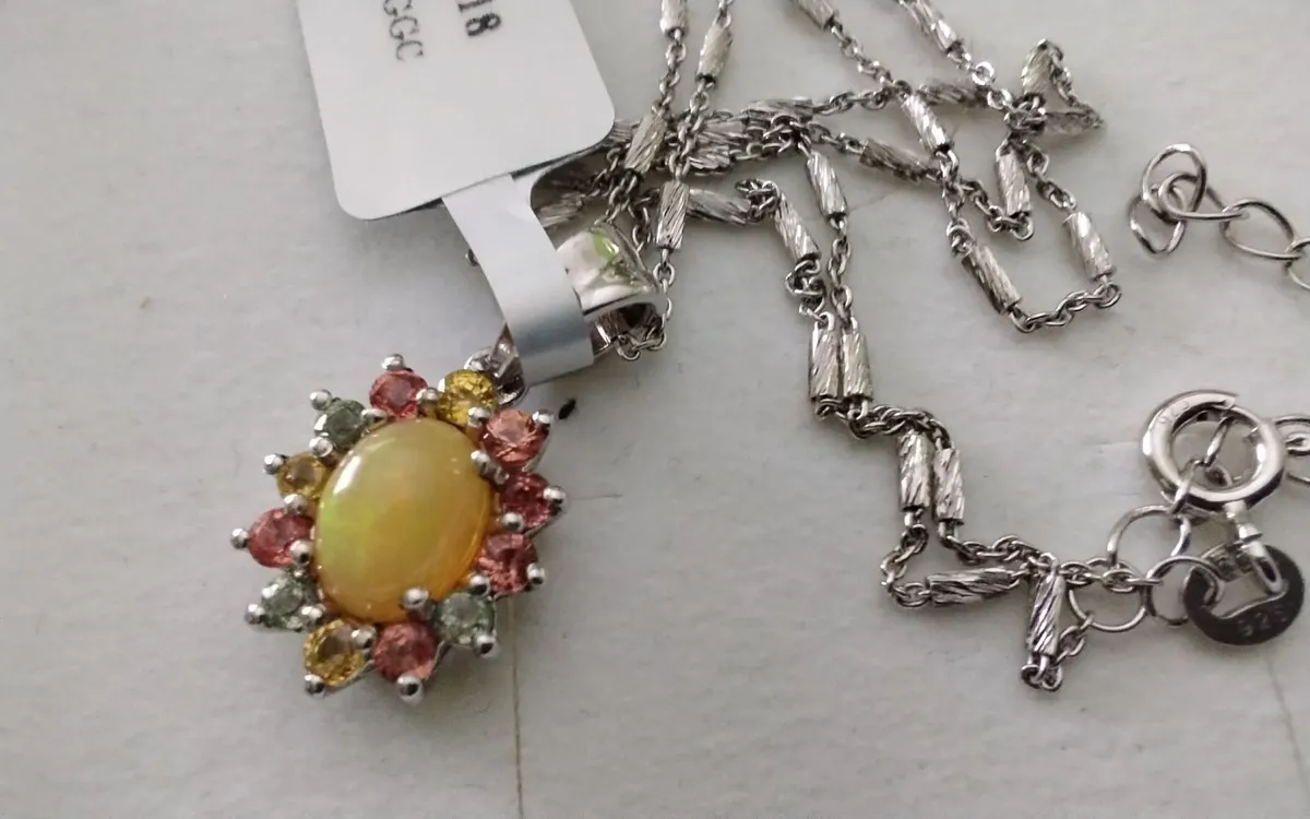 Stg silver yellow opal & sapphire halo pendant 20" - Image 1