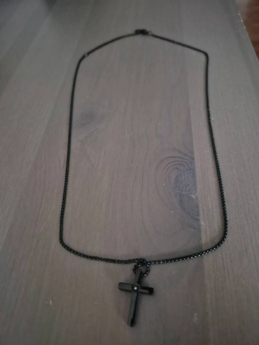 Black Cross Necklace – Steel – Crystal Detail - Image 2