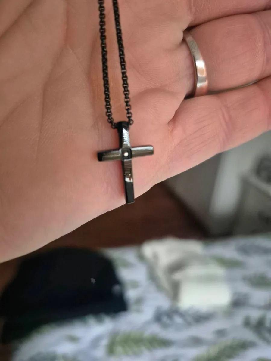 Black Cross Necklace – Steel – Crystal Detail - Image 3