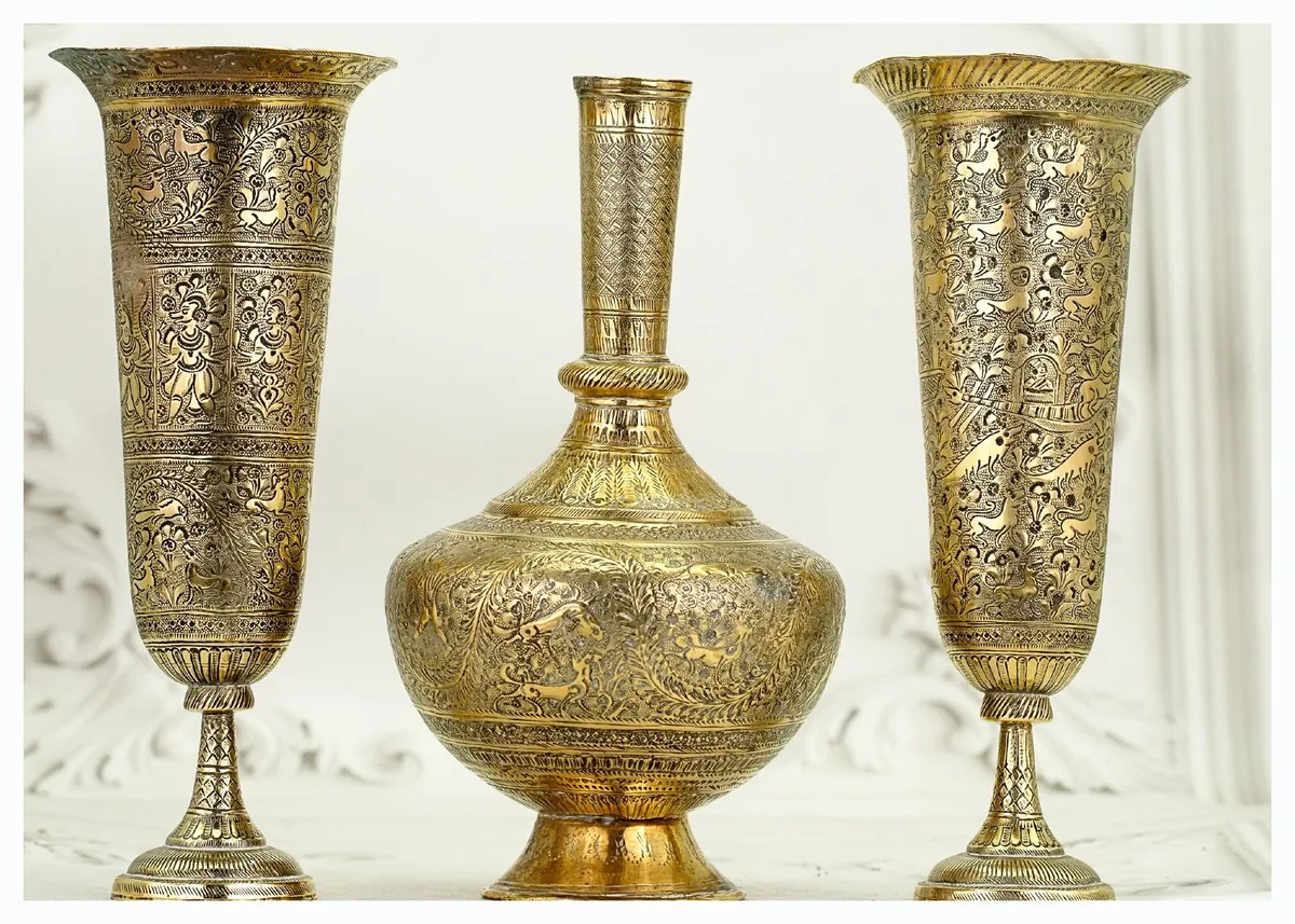 Antique 19th Century Persian Brass Vases Set - Image 2