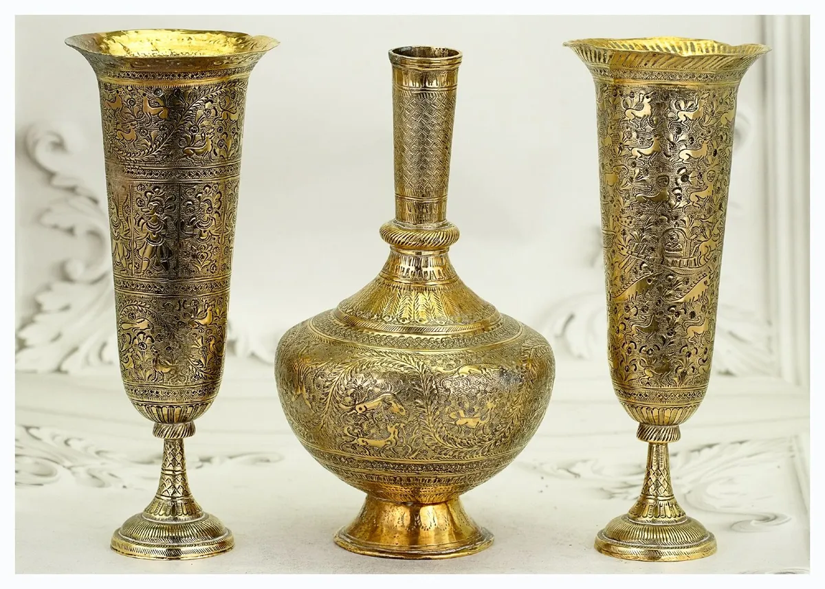 Antique 19th Century Persian Brass Vases Set - Image 1