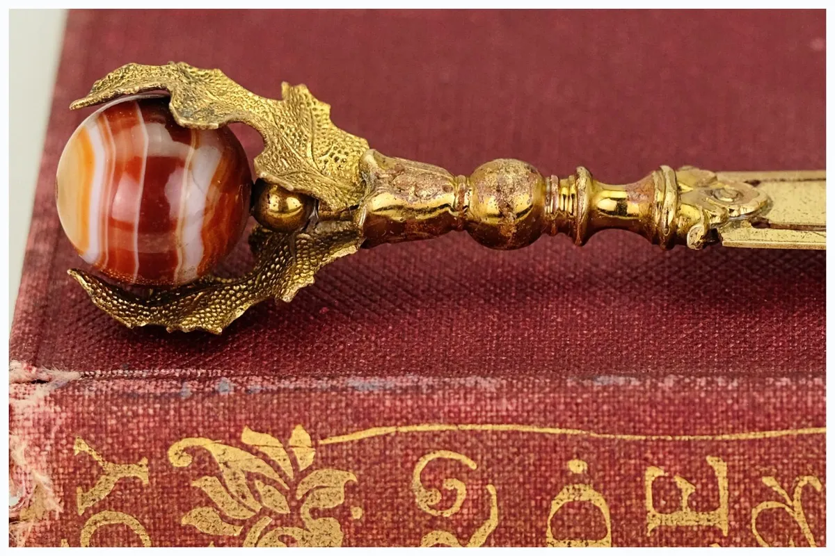 Antique Victorian Brass And Agate Bookmark c1890 - Image 1