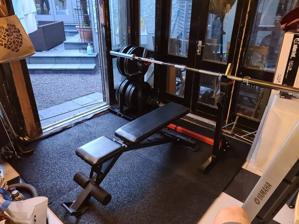 Gym squat rack, bench, and plate holder