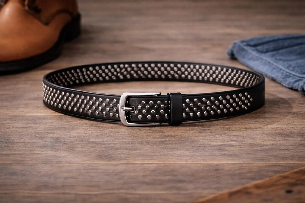 Unisex Black Studded Punk Rock Leather Belt - Image 1