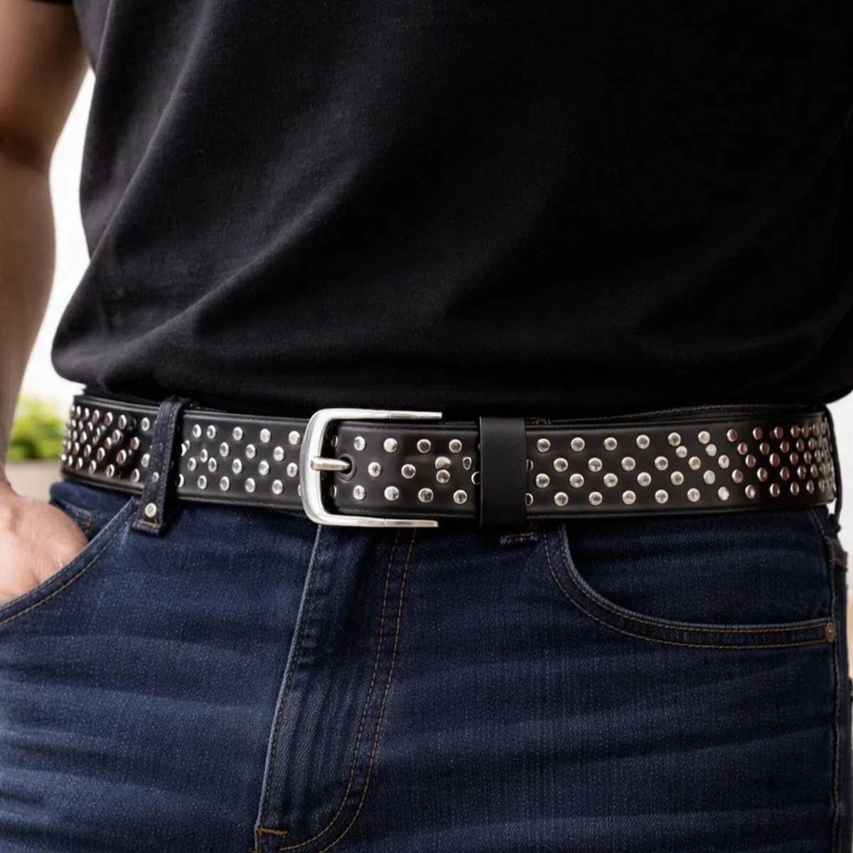 Unisex Black Studded Punk Rock Leather Belt - Image 2