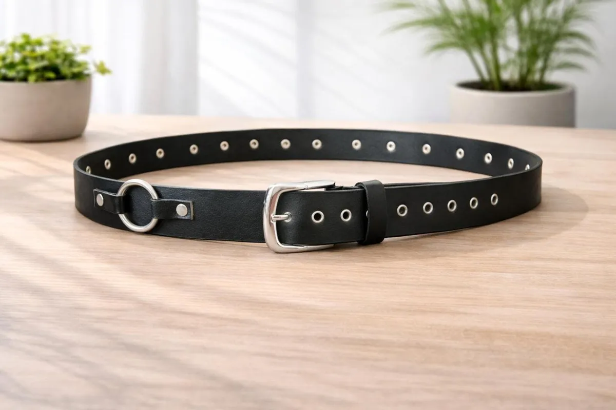 Unisex Black Leather Ring Belt - Image 2