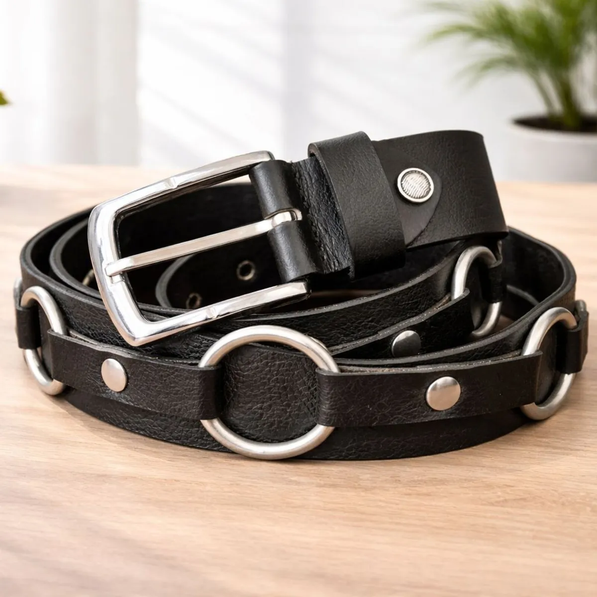 Unisex Black Leather Ring Belt - Image 3