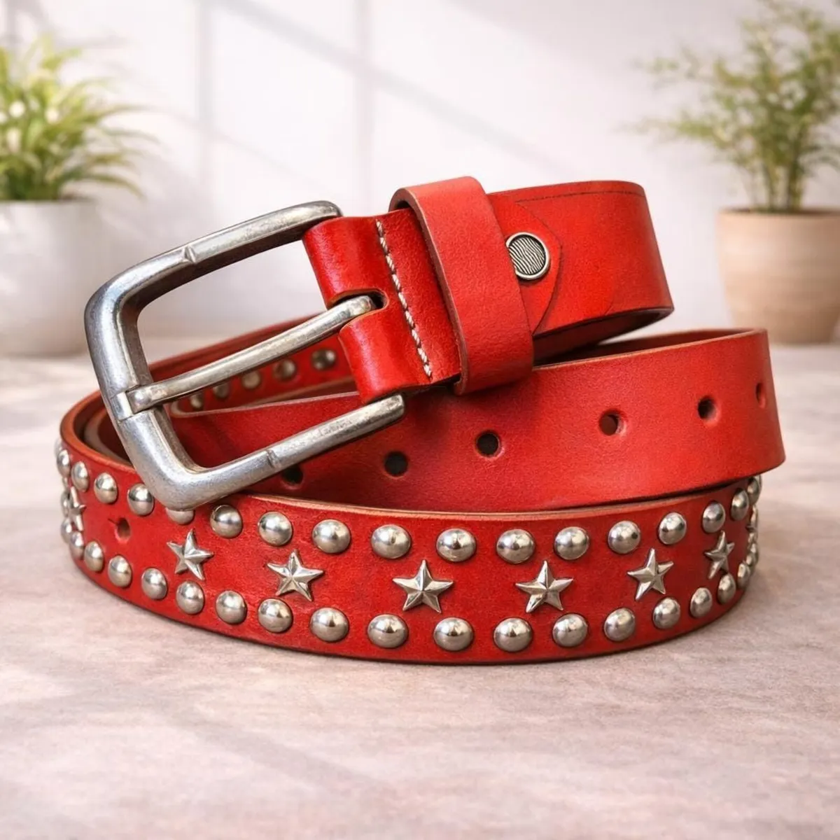 Red Leather Studded Unisex Belt - Image 1
