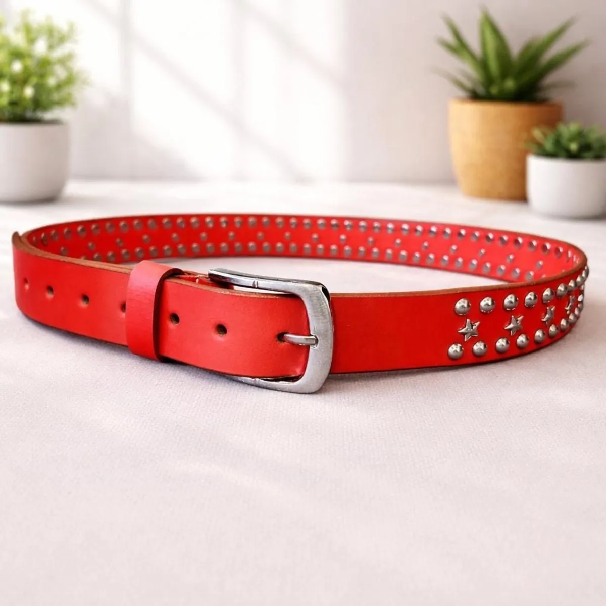 Red Leather Studded Unisex Belt - Image 3