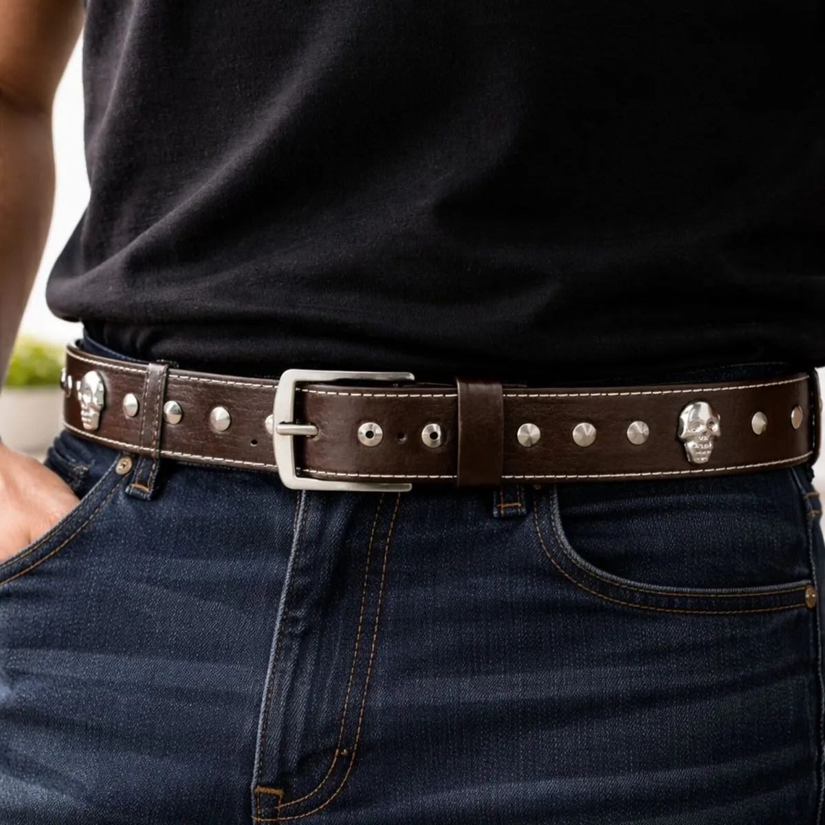 Unisex Brown Leather Stud Belt - Image 3