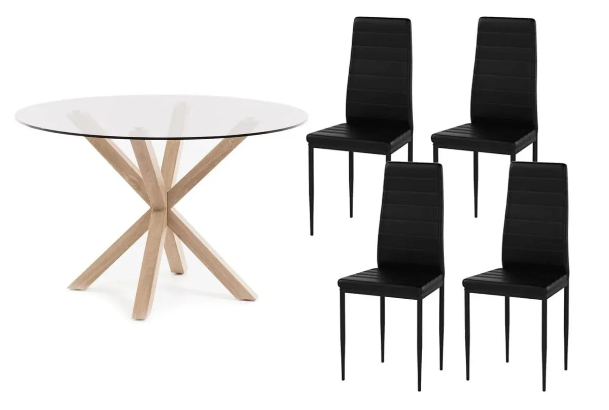 Round Glass Dining Table Set with 4 Faux Leather - Image 1