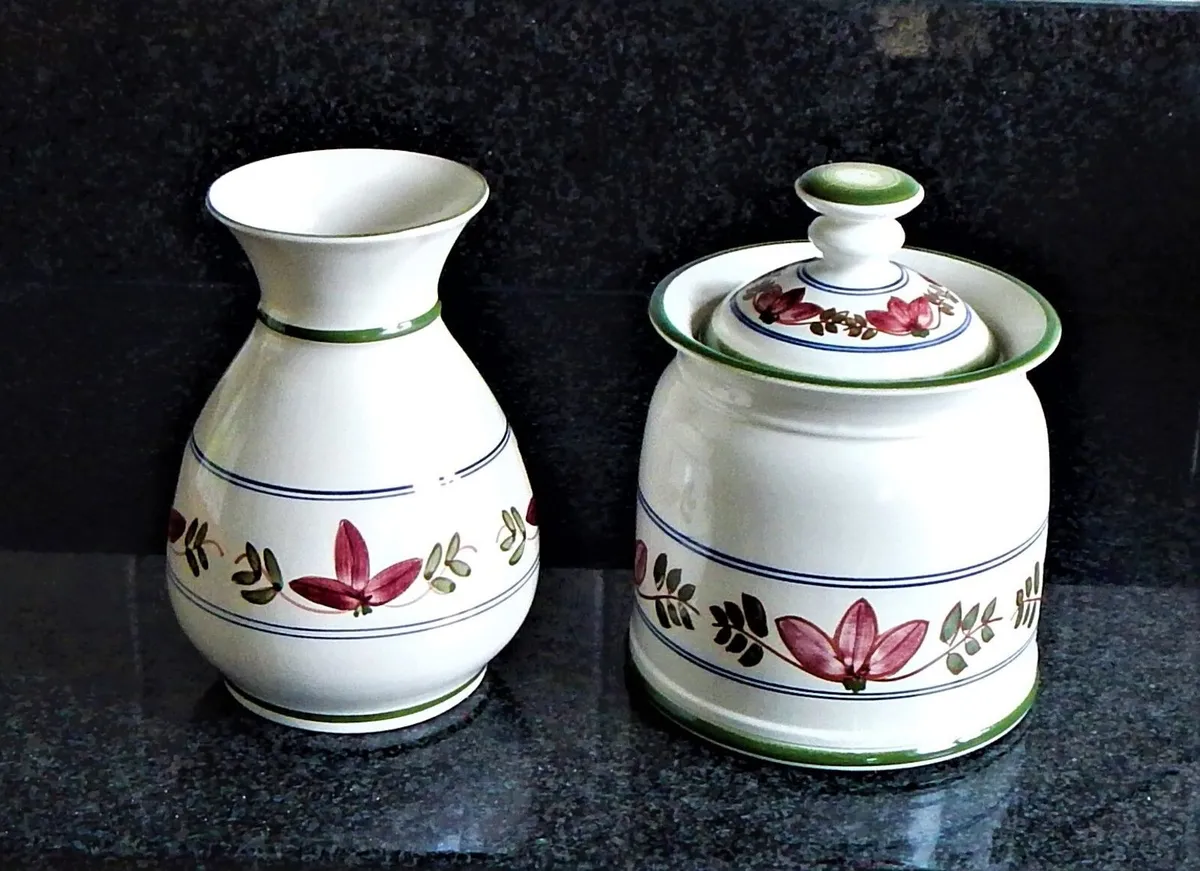 Large Iden Pottery Biscuit Barrel and Vase - Image 1