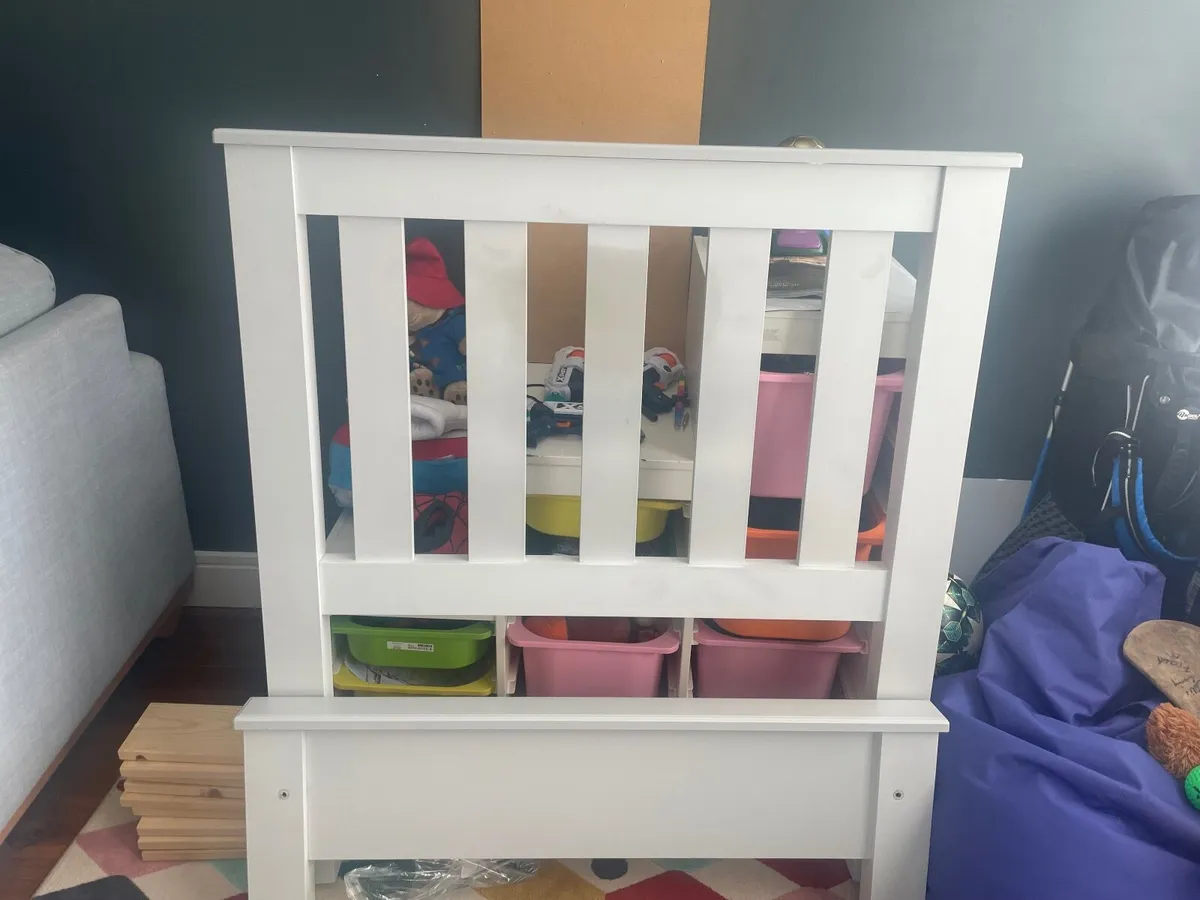 Light grey wooden  single bed & mattress - Image 2