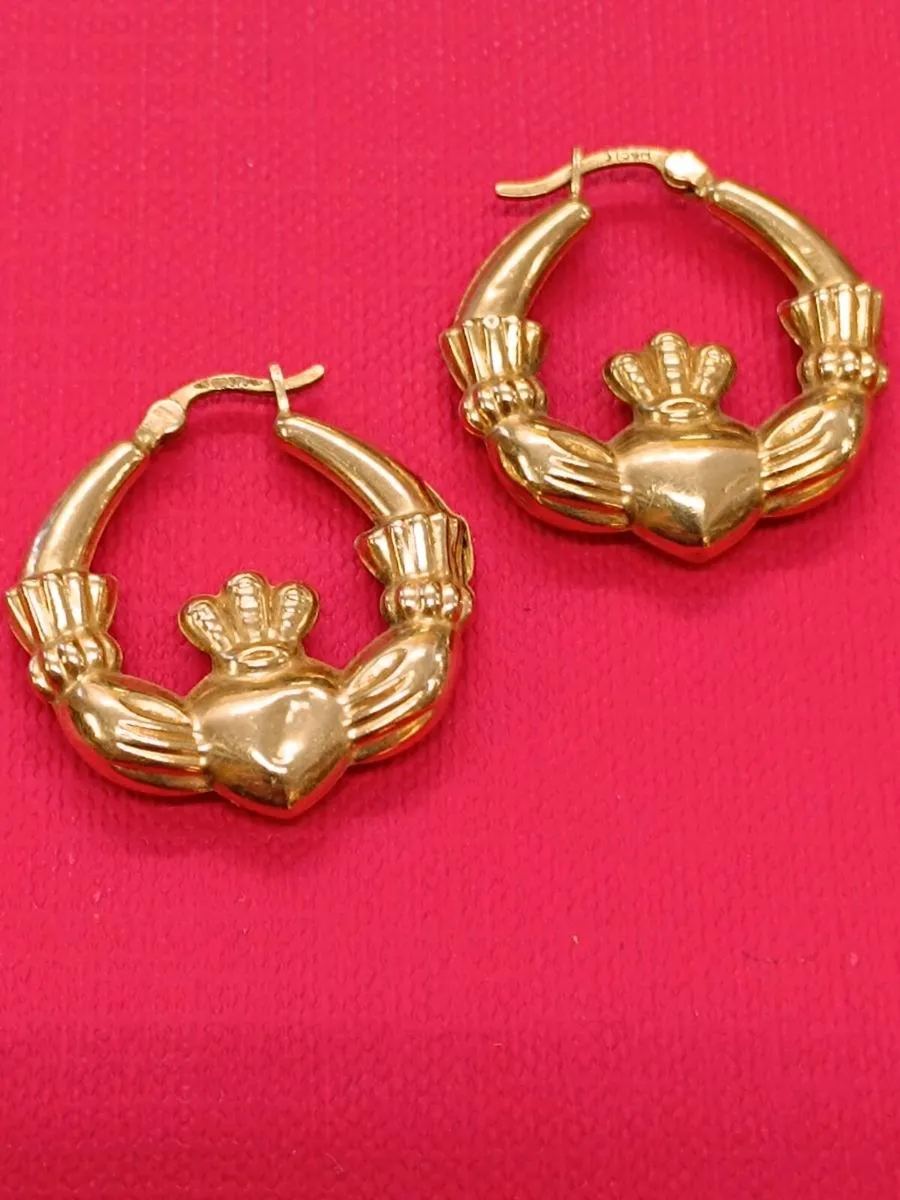 9k Yellow Gold Vintage Claddagh Hoops Earrings - Image 1