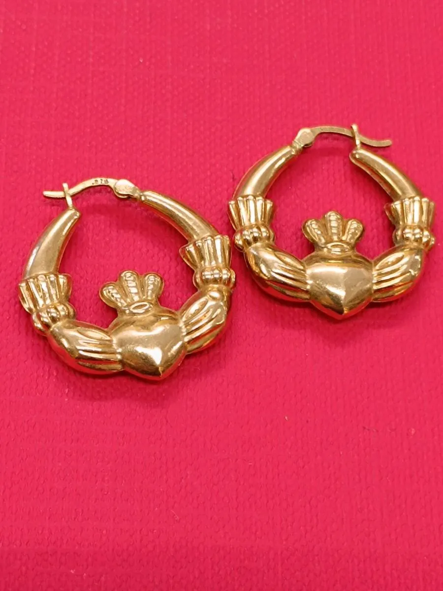 9k Yellow Gold Vintage Claddagh Hoops Earrings - Image 2